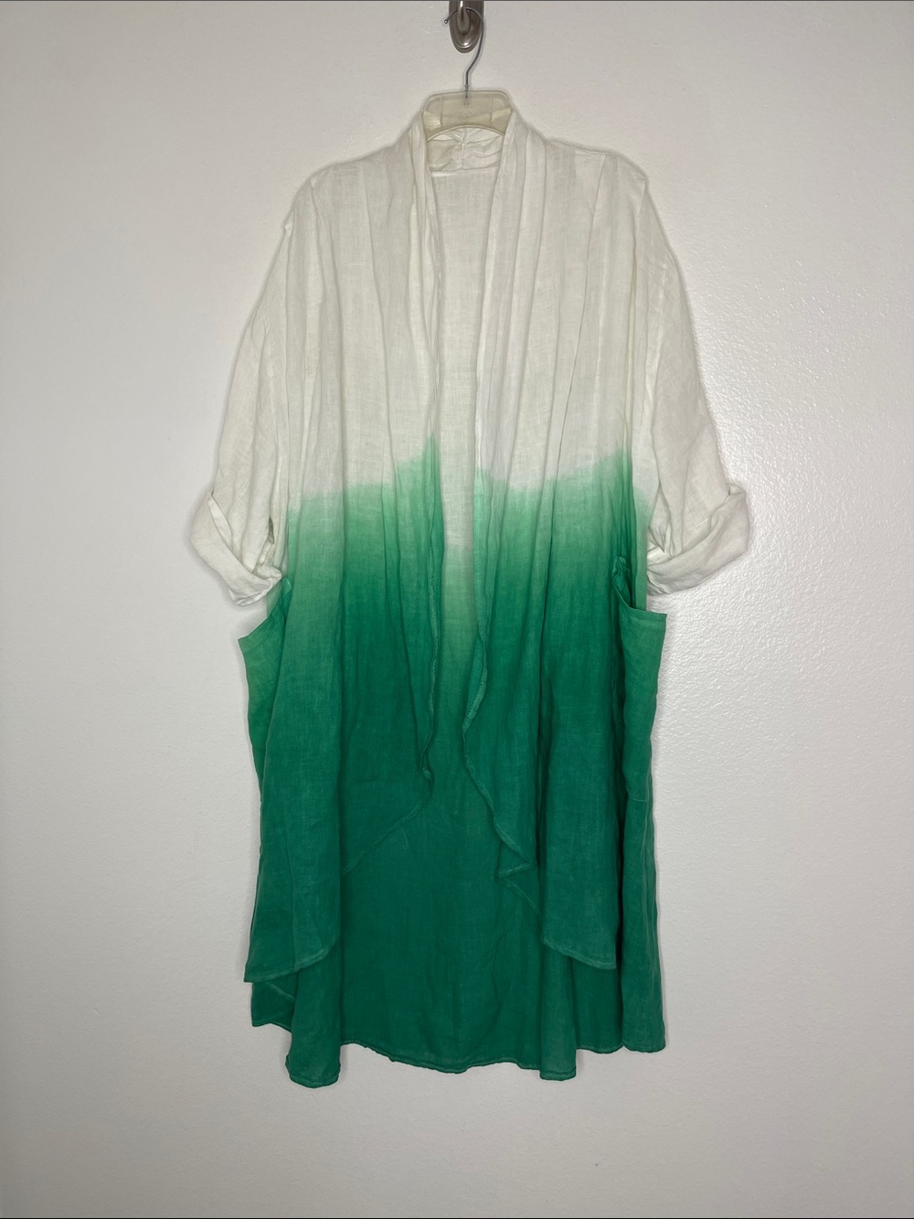 Meo Meli Italy 100% Linen White Green Kimono Duster Pockets One Size